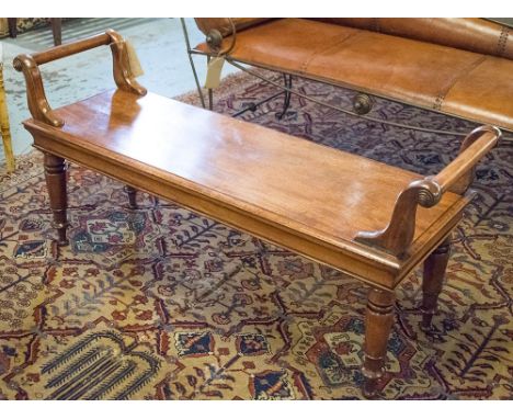 HALL BENCH, early 19th century mahogany rectangular with raised handle arms and turned supports, 140cm x 46cm D x 65cm H.