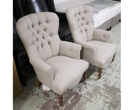 ARMCHAIRS, a pair, linen covers, button backed on turned supports,, 65cm W x 90cm H.