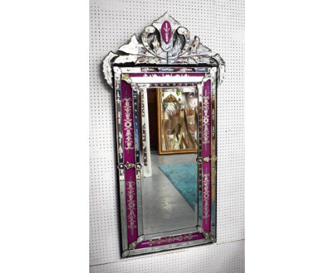 MIRROR, Venetian style, bevelled plate with etched mirrored surround, 141cm x 71cm.