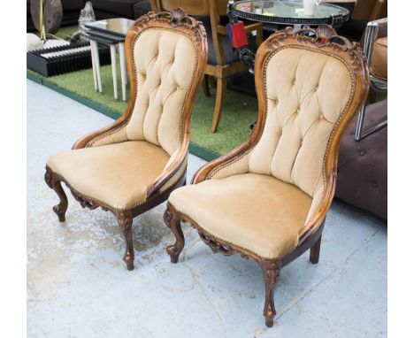 NURSING CHAIRS, a pair, antique Victorian style fruitwood and velvet button upholstery and cabriole supports, 59cm W. (2)