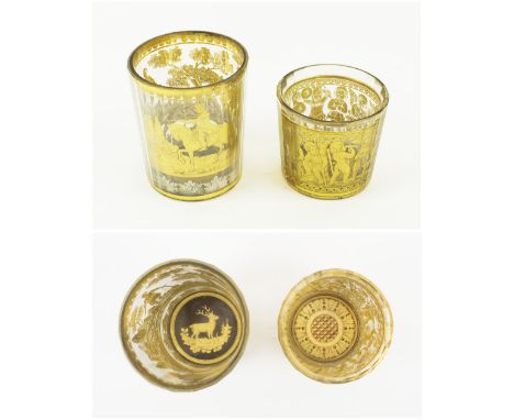 BOHEMIAN ZWISCHENGOLDGLAS TUMBLER, mid 18th century manner, decorated a hunting scene, 7cm diam. x 8cm H; plus another gilded