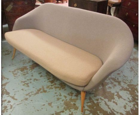 SOFA, Italian circa 1950's newly upholstered in light grey wool with a loose camel coloured seat cushion on short beech legs,