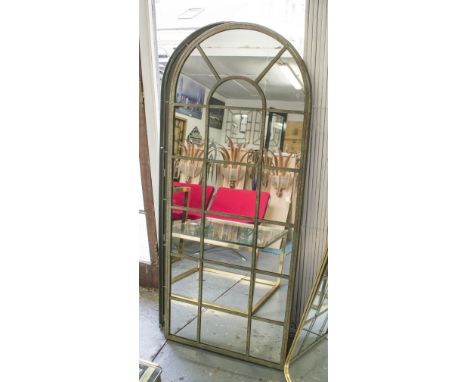GARDEN MIRRORS, three, metal arched bronzed frame in architectural design.