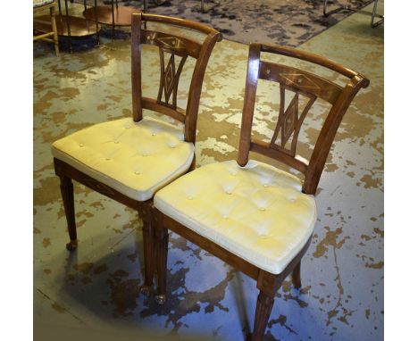 SIDE CHAIRS, a pair, 19th century Russian brass inlaid, and parcel girl with yellow cushion and caned seats. (2)