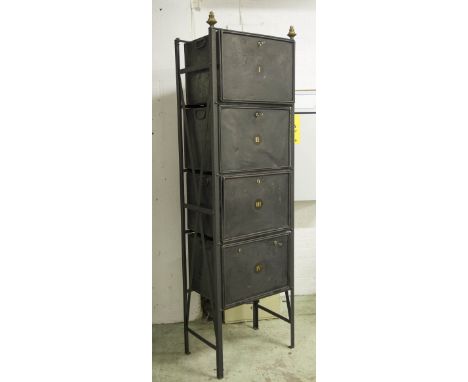 DEED BOXES AND STAND, mid 19th century black enamel fold-down and locking on conforming stand with gilt metal finials, 182cm 