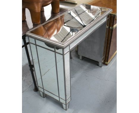 MIRRORED CONSOLE TABLE, on block mirrored end supports, 97cm x 42cm x 83cm H.