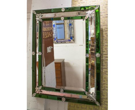 VENETIAN WALL MIRROR, mid 20th century cushion shaped with bevelled mirrors, marginal plates including green glass double bor