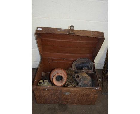 METAL TRUNK CONTAINING GUTTER HOPPERS, ROPE, ASSORTED CERAMICS ETC