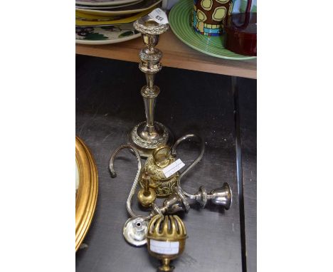 MIXED LOT:  SILVER PLATED CANDLE STICK AND BRASS WARES TO INCLUDE A CAMEL BELL