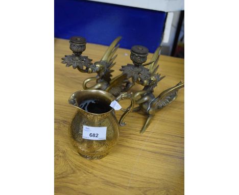 PAIR OF BRASS GRIFFIN FORMED TABLE LAMP BASES PLUS FURTHER BRASS WARES