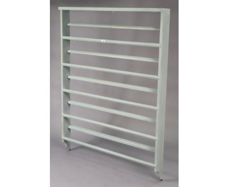 A Scandinavian light grey painted pine wall-mounted plate-rack, 37" wide x 48" high &amp;, a splat-back dining chair with a p