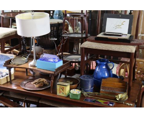 A singer hand sewing machine with case; together with a black painted wooden tool chest with contents; a bed tray; &amp; sund