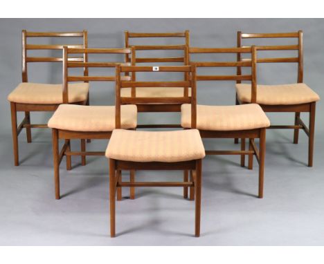A set of six mid-20th century teak dining chairs with ladder backs &amp; square padded seats, stamped “A &amp; FH” to undersi