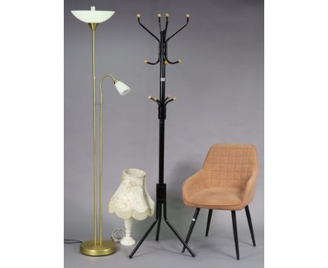 A black-finish metal hat &amp; coat stand, 71” high; a similar occasional chair; a standard uplighter; &amp; a table lamp bas