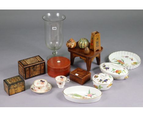 A 19th century inlaid tea caddy, a small burr yew box, a red lacquer cylindrical box, &amp; sundry other items.