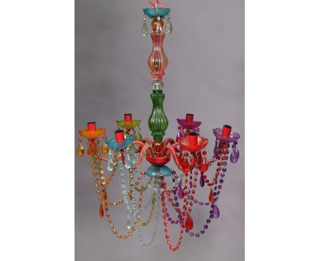 A vintage Murano glass chandelier with six scroll arms hung with prism drops, 24” high x 20” wide. 