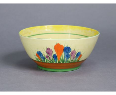 A Clarice Cliff Bizarre “Crocus” patterned deep circular bowl (slight faults). 8¾” diameter x 3¾” high.