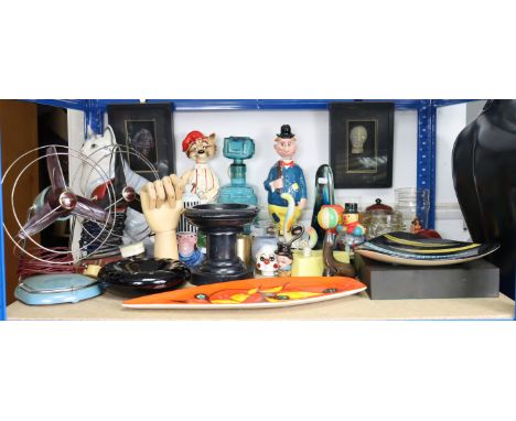 A Poole pottery dish, 17” x 6¾”, two vintage Pifco desk fans, an art-glass vase, a shops mannequin, pair of novelty boots, an