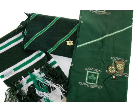 CELTIC F.C., THREE SCARVES MID TO LATE-20TH CENTURY the first inscribed Celtic Football Supporters and with three vintage pin