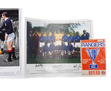 RANGERS F.C., TWO SIGNED PHOTOGRAPHS AND A PROGRAMME the first depicting the 1972 ECWC team and signed by Stein, Greig and Jo