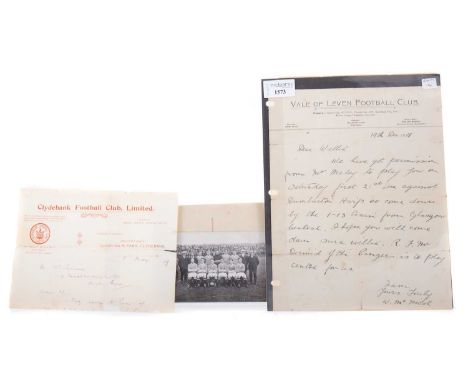 WILLIE BROWN, THREE LETTERS 1918, 1919, AND 1921 from Vale of Leven, Clydebank and Cowdenbeath, along with two photographs, t