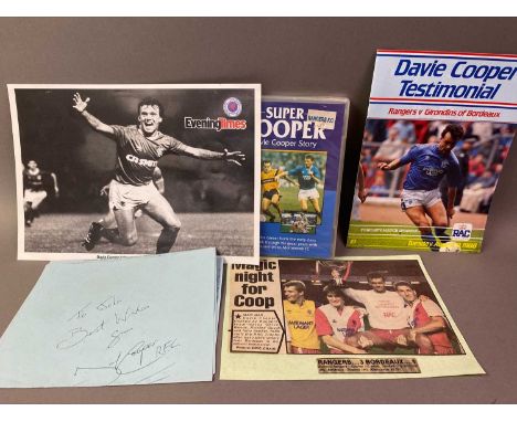 DAVIE COOPER OF RANGERS F.C., SIGNED SHEET To John Best Wishes from Davie Cooper RFC, the obeverse of these on The History of