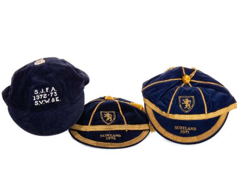 WILLIAM PETTIGREW OF SCOTLAND, THREE JUNIOR FOOTBALLING CAPS 1971, 1972, AND 1972-73 the first two gilt embroidered with cres