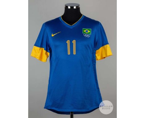 Neymar Jr blue and yellow No.11 Brazil Olympic shirt-sleeved shirt, Nike, with printed badge and Olympic Ring decal, the reve