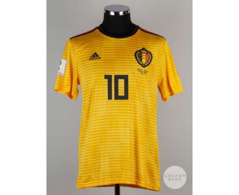 Eden Hazard yellow, red and black Belgium v. Tunisia match issued short-sleeved shirt, 2018, Adidas, M, with crew-neck collar