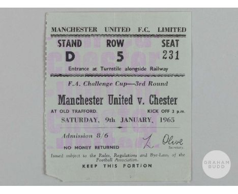 Manchester United v Chester F.A. Cup 3rd round ticket, 9th January 1965, crease and fold