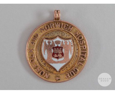 Reginald Wilkinson 9ct gold and enamel Norfolk and Norwich Hospital Cup medal, 1922-23, the obverse inscribed NORFOLK AND NOR