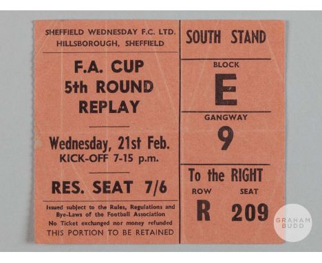 Rare Sheffield Wednesday v Manchester United F.A. Cup 5th Round Replay ticket, 21st February 1962, creased
