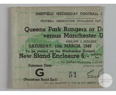 Queens Park Rangers or Derby County v. Manchester United F.A. Cup Semi-Final ticket, 13th March 1948
