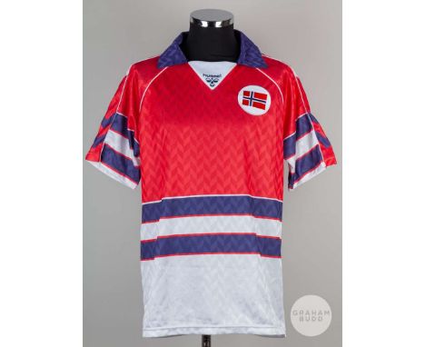 Simen Agdestein red, white and blue No.13 Norway v. Yugoslavia short-sleeved shirt, 1989, Hummel, XL, with v-neck collar and 