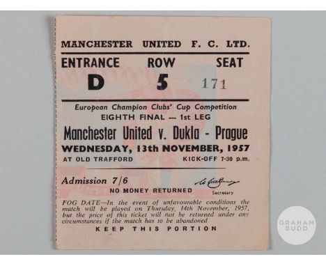Manchester United v Dukla Prague European Cup ticket, 13th November 1957, folds