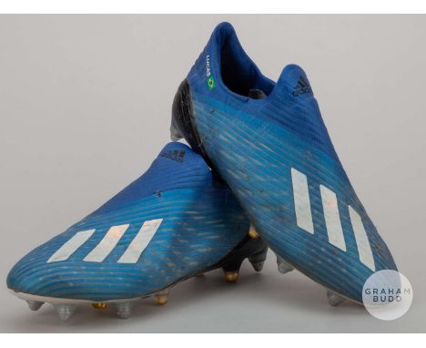 A pair of Lucas Moura blue Adidas X football boots, size L7 R7.25 with Brazil flag and LUCAS decals to each boot and some evi