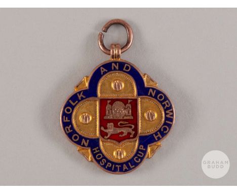 Reginald Wilkinson 9ct gold and enamel Norfolk and Norwich Hospital Cup medal, 1920-21, the obverse inscribed NORFOLK AND NOR