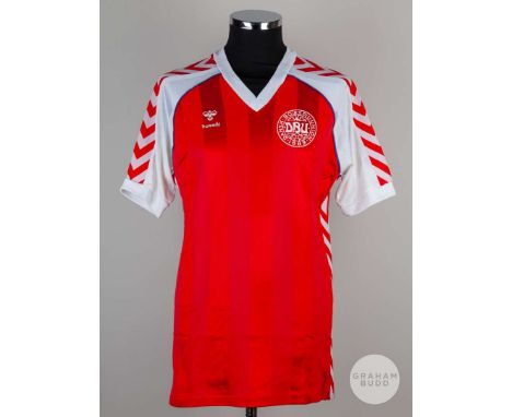 Soren Busk red and white No.3 Denmark v. Republic of Ireland short-sleeved shirt, 1984, Hummel, L, with v-neck collar and spo
