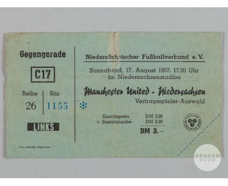 Niedersachsen (Hannover) v. Manchester United friendly match ticket, 17th August 1957, unused, creased and fold
