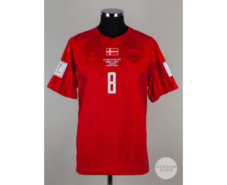 Thomas Delaney red No.8 Denmark v. Tunisia short-sleeved shirt, 2022, Hummel, v-neck collar and printed badge, with FIFA WORL