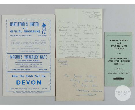 Hartlepools United v Manchester United F.A. Cup 3rd Round match programme, 5th January 1957, with British Railways timetable,