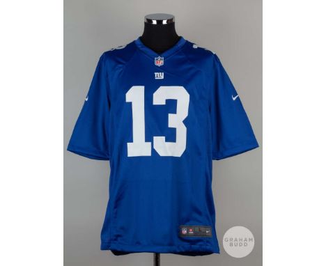 Odell Beckham Junior blue No.13 New York Giants short sleeved shirt , Player issued, NFL size L crew neck collar, printed bad