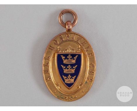 Tom Curry 9ct gold and enamel Hull Hospital Cup medal, 1926-27, the obverse inscribed Hull Hospital Cup, in original case, 7g