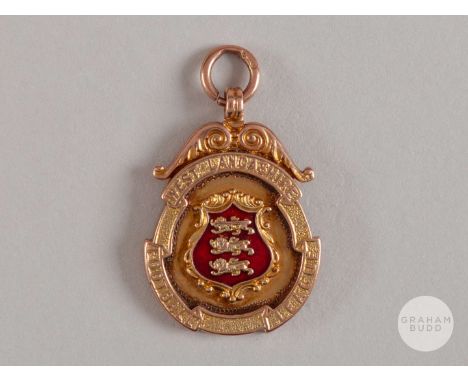 9ct gold and enamel West Lancashire Football League medal, 1922-23, the obverse inscribed WEST LANCASHIRE FOOTBALL LEAGUE, th