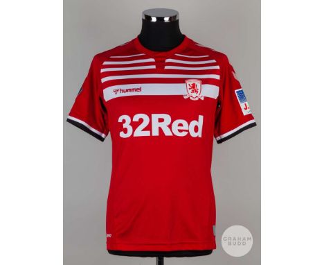 Lewis Wing red No.26 Middlesbrough short-sleeved shirt, 2019-20, Hummel, S, with crew-neck collar and printed badge, the reve