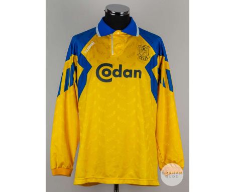 Yellow and blue Brondby No.11 long-sleeved shirt, 1992-93, Hummel, XL, with button-up collar and printed badge, areas of pitc