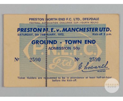 Preston North End v Manchester United F.A.Cup ticket, 5th February 1972, unused, but counterfoils have split&nbsp;