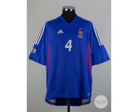 Jean Alain Boumsong blue, white and red No.4 France v. Colombia match issued short-sleeved shirt, 2003, Adidas, XL, with v-ne
