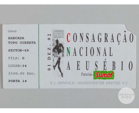 SL Benfica v Manchester United 1992, benefit match for Eusebio ticket, 1st December 1992, Eric Cantona debut for Manchester U