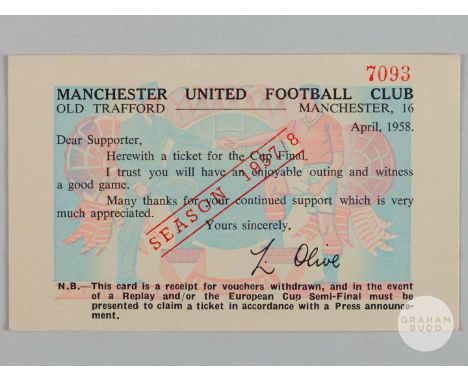 Manchester United Supporters confirmation card that the application for a Cup Final ticket was successful for season 1957-58